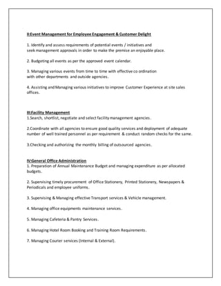II:Event Management for Employee Engagement & Customer Delight
1. Identify and assess requirements of potential events / initiatives and
seek management approvals in order to make the premise an enjoyable place.
2. Budgeting all events as per the approved event calendar.
3. Managing various events from time to time with effective co ordination
with other departments and outside agencies.
4. Assisting and Managing various initiatives to improve Customer Experience at site sales
offices.
III:Facility Management
1.Search, shortlist, negotiate and select facility management agencies.
2.Coordinate with all agencies to ensure good quality services and deployment of adequate
number of well trained personnel as per requirement & conduct random checks for the same.
3.Checking and authorizing the monthly billing of outsourced agencies.
IV:General Office Administration
1. Preparation of Annual Maintenance Budget and managing expenditure as per allocated
budgets.
2. Supervising timely procurement of Office Stationery, Printed Stationery, Newspapers &
Periodicals and employee uniforms.
3. Supervising & Managing effective Transport services & Vehicle management.
4. Managing office equipments maintenance services.
5. Managing Cafeteria & Pantry Services.
6. Managing Hotel Room Booking and Training Room Requirements.
7. Managing Courier services (Internal & External).
 