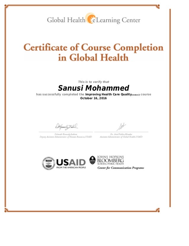 Global Health eLearning Center Certificate - Improving Health Care Qu…