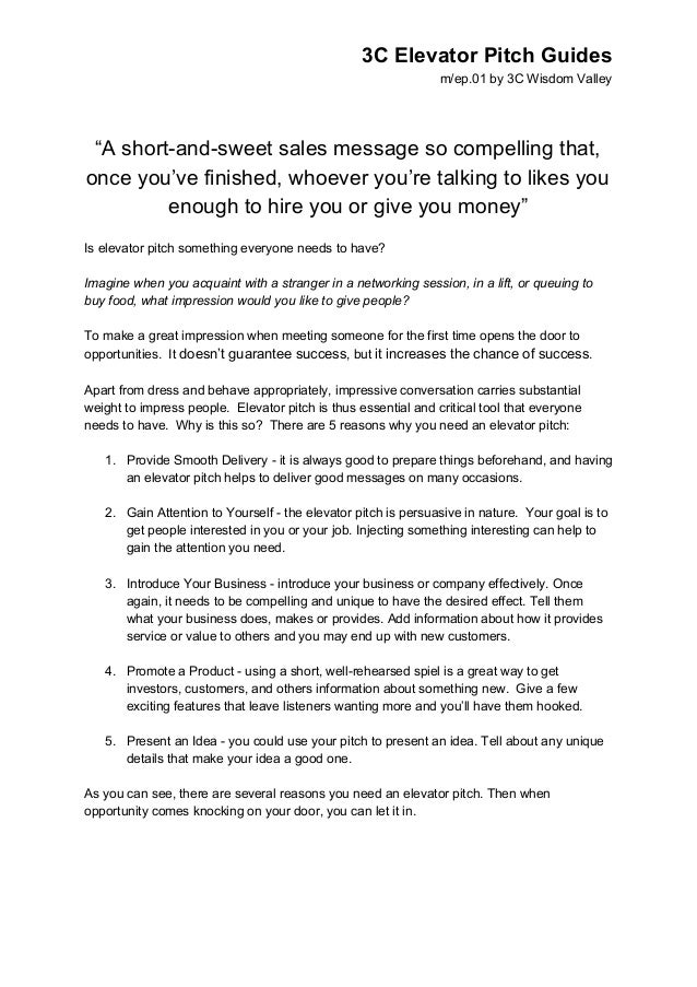 3 c elevator pitch guides m ep 01 sales elevator pitch