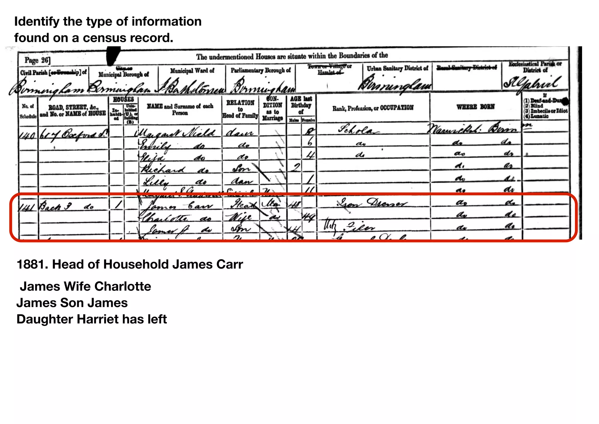 Identify the type of information
found on a census record.




1881. Head of Household James Carr
 James Wife Charlotte
James Son James
Daughter Harriet has left
 