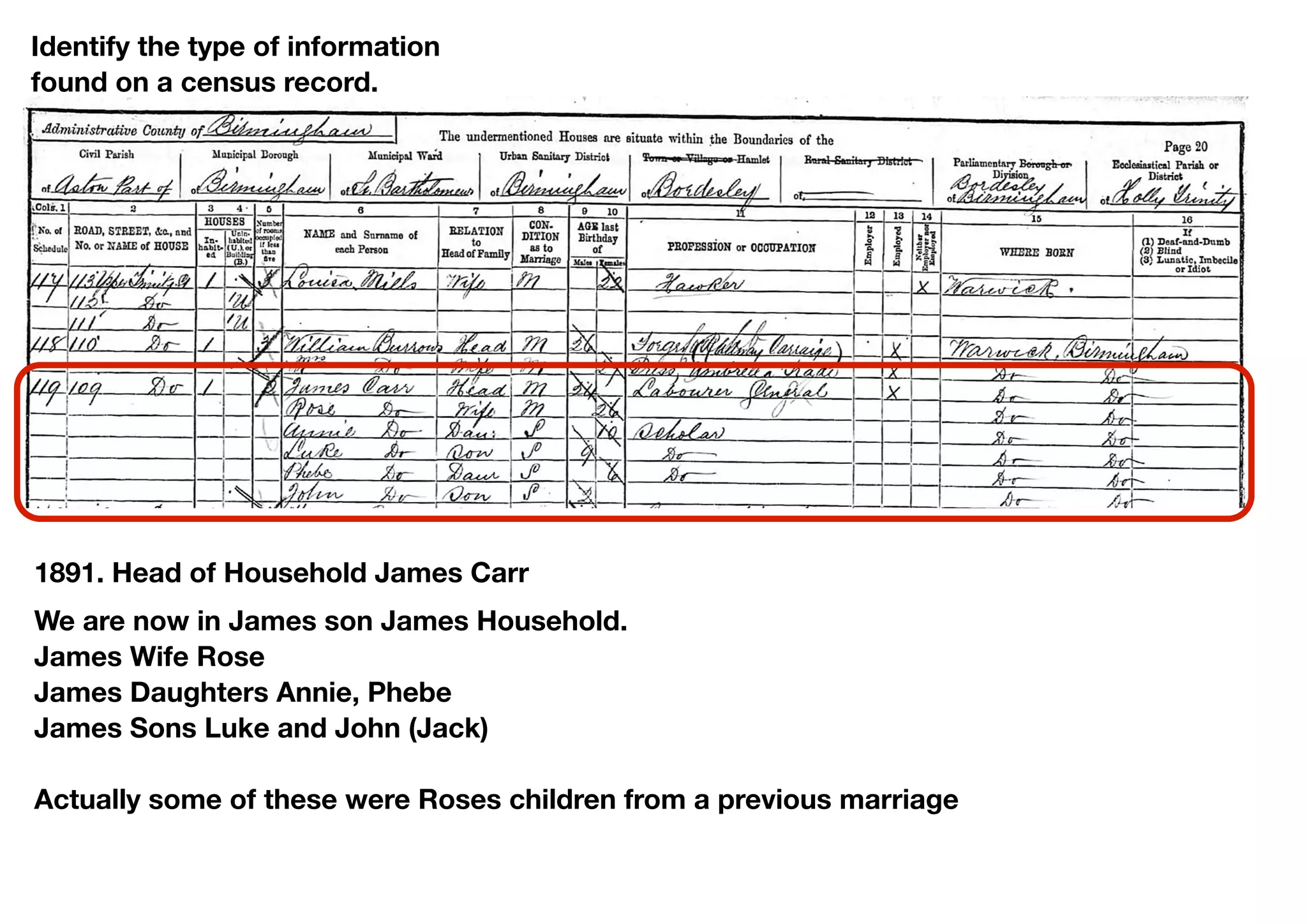 Identify the type of information
found on a census record.




1891. Head of Household James Carr
We are now in James son James Household.
James Wife Rose
James Daughters Annie, Phebe
James Sons Luke and John (Jack)

Actually some of these were Roses children from a previous marriage
 