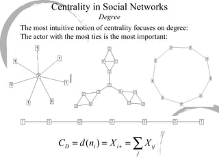 The most intuitive notion of centrality focuses on degree: The actor with the most ties is the most important: Centrality in Social Networks Degree 