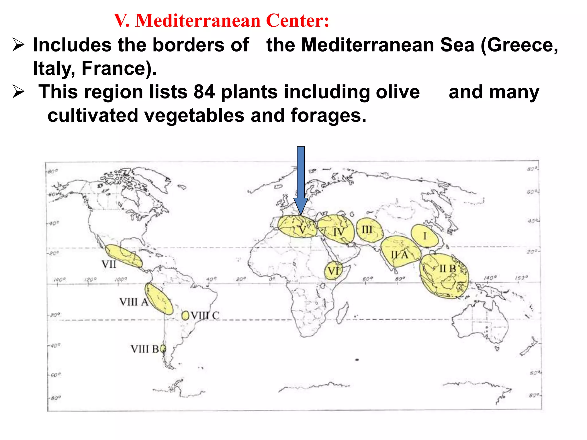  Includes the borders of the Mediterranean Sea (Greece,
Italy, France). :
 This region lists 84 plants including olive and many
cultivated vegetables and forages.
V. Mediterranean Center:
 