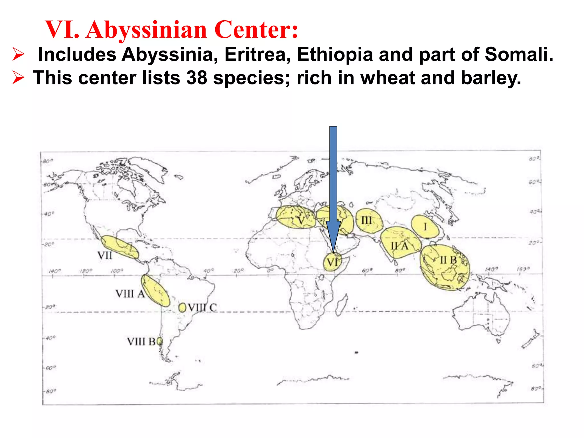  Includes Abyssinia, Eritrea, Ethiopia and part of Somali.
 This center lists 38 species; rich in wheat and barley.
VI. Abyssinian Center:
 