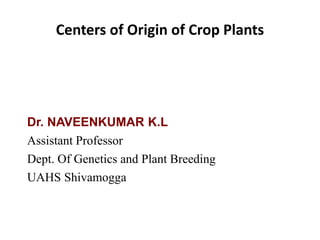 Dr. NAVEENKUMAR K.L
Assistant Professor
Dept. Of Genetics and Plant Breeding
UAHS Shivamogga
Centers of Origin of Crop Plants
 