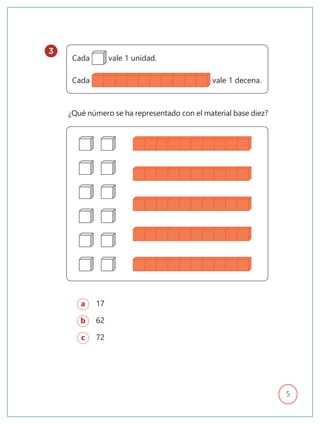 5
a 17
b 62
c 72
¿Qué número se ha representado con el material base diez?
Cada vale 1 unidad.
Cada vale 1 decena.
3
 