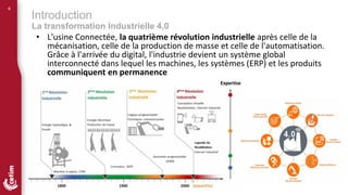 4
Introduction
La transformation Industrielle 4,0
• L'usine Connectée, la quatrième révolution industrielle après celle de la
mécanisation, celle de la production de masse et celle de l'automatisation.
Grâce à l'arrivée du digital, l'industrie devient un système global
interconnecté dans lequel les machines, les systèmes (ERP) et les produits
communiquent en permanence
 