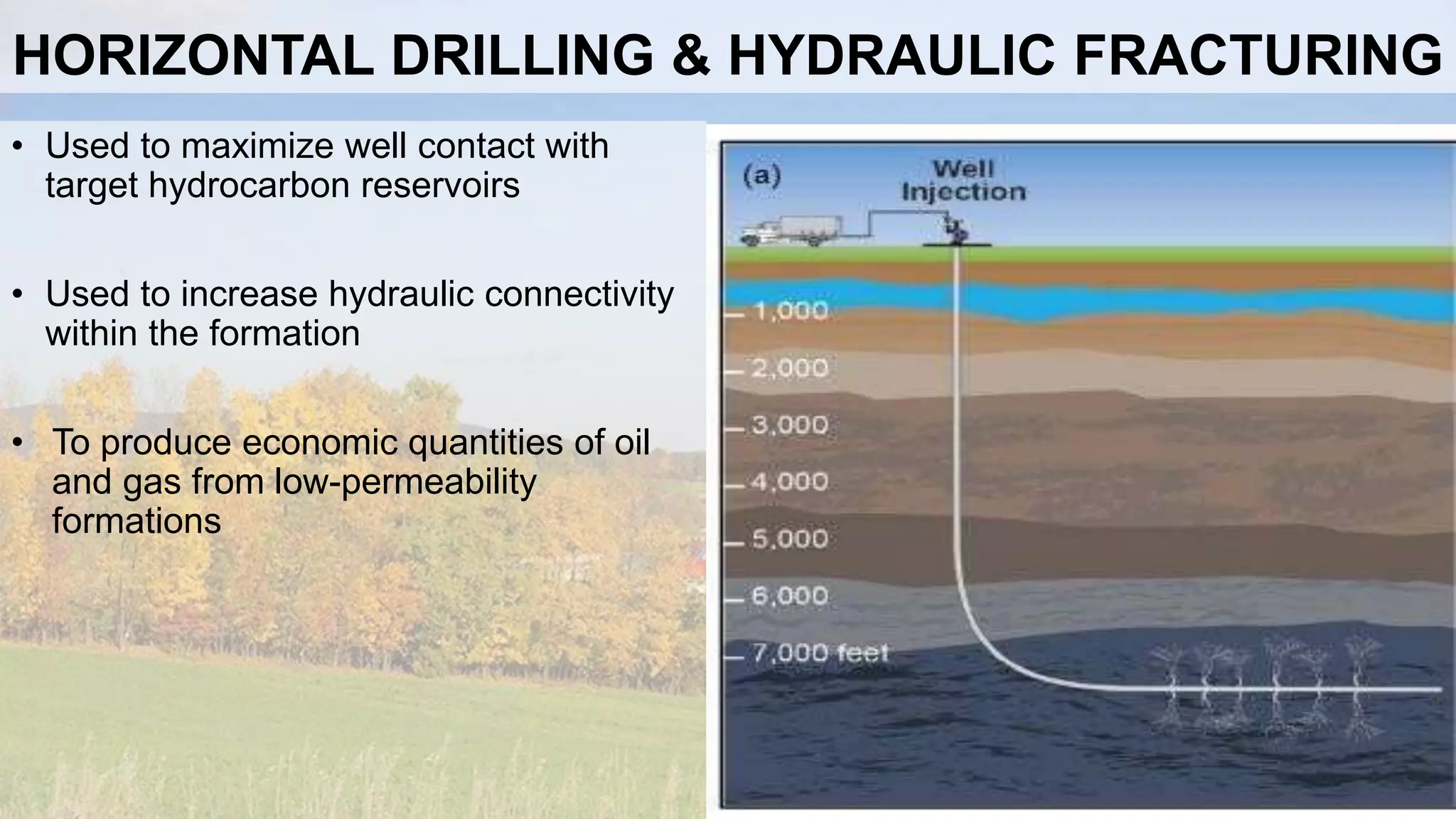 HORIZONTAL DRILLING & HYDRAULIC FRACTURING
• Used to maximize well contact with
target hydrocarbon reservoirs
• Used to increase hydraulic connectivity
within the formation
• To produce economic quantities of oil
and gas from low-permeability
formations
 