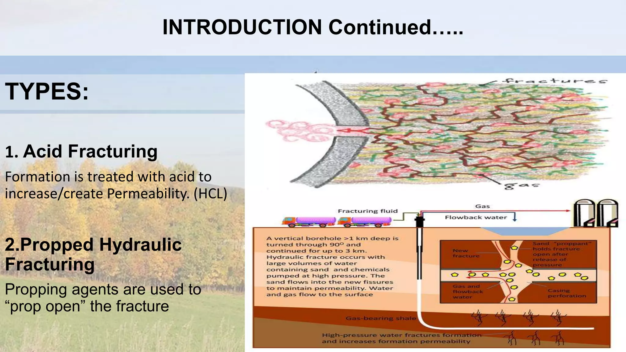 TYPES:
1. Acid Fracturing
Formation is treated with acid to
increase/create Permeability. (HCL)
2.Propped Hydraulic
Fracturing
Propping agents are used to
“prop open” the fracture
INTRODUCTION Continued…..
 