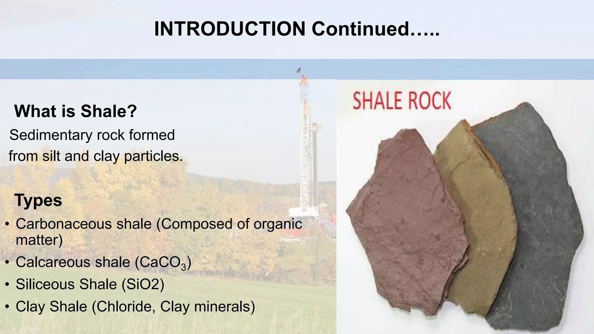 What is Shale?
Sedimentary rock formed
from silt and clay particles.
Types
• Carbonaceous shale (Composed of organic
matter)
• Calcareous shale (CaCO3)
• Siliceous Shale (SiO2)
• Clay Shale (Chloride, Clay minerals)
INTRODUCTION Continued…..
 