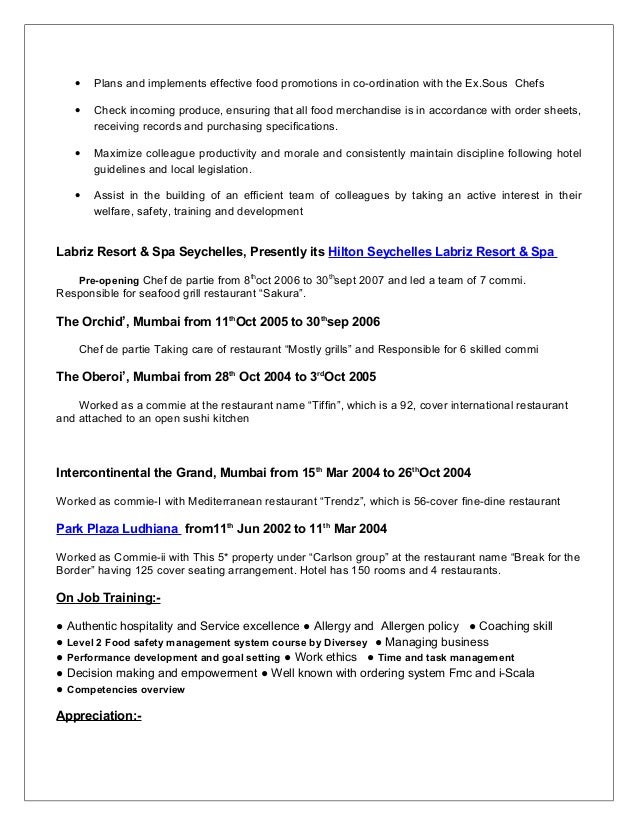 resume ex sous chef junior sous chef resume