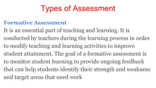 Types of Assessment
Formative Assessment
It is an essential part of teaching and learning. It is
conducted by teachers during the learning process in order
to modify teaching and learning activities to improve
student attainment. The goal of a formative assessment is
to monitor student learning to provide ongoing feedback
that can help students identify their strength and weakness
and target areas that need work
 
