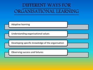 DIFFERENT WAYS FOR
ORGANISATIONAL LEARNING
Adaptive learning
Understanding organisational values
Developing specific knowledge of the organisation
Observing success and failures
 
