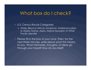 What box do I check?
!  U.S. Census Racial Categories:
!  White, Black or African American, American Indian
or Alaska Native, Asian, Native Hawaiian or Other
Pacific Islander
!  Please fill in the box of your race. Then, for the
next three minutes, write about what this means
to you. What memories, thoughts, or ideas go
through your head? How do you feel?
 