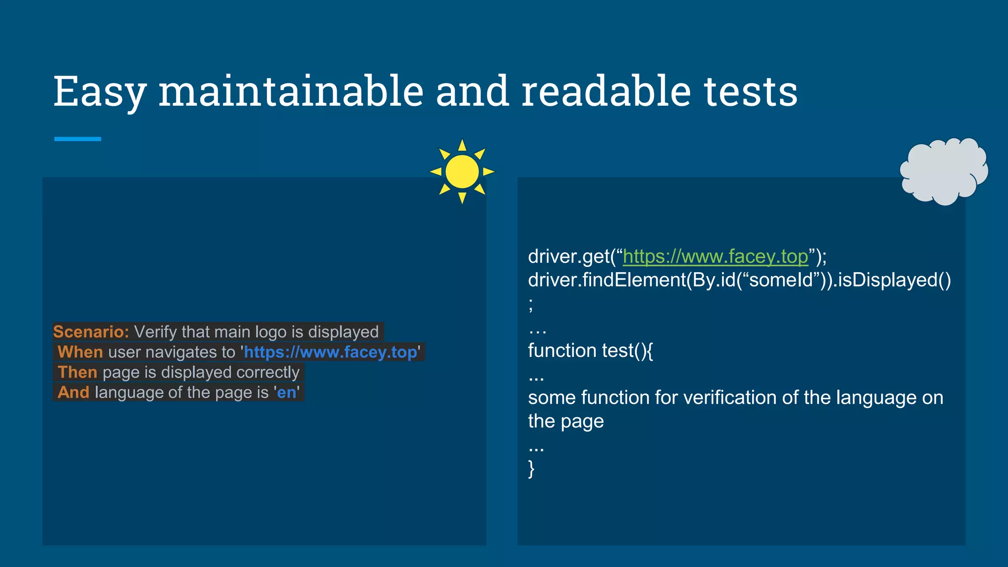 Easy maintainable and readable tests
Scenario: Verify that main logo is displayed
When user navigates to 'https://www.facey.top'
Then page is displayed correctly
And language of the page is 'en'
driver.get(“https://www.facey.top”);
driver.findElement(By.id(“someId”)).isDisplayed()
;
…
function test(){
...
some function for verification of the language on
the page
...
}
 