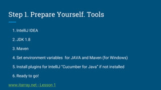 Step 1. Prepare Yourself. Tools
1. IntelliJ IDEA
2. JDK 1.8
3. Maven
4. Set environment variables for JAVA and Maven (for Windows)
5. Install plugins for IntelliJ “Cucumber for Java” if not installed
6. Ready to go!
www.itarray.net - Lesson 1
 
