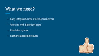 What we need?
- Easy integration into existing framework
- Working with Selenium tests
- Readable syntax
- Fast and accurate results
 