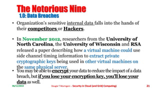 The Notorious Nine 
1.0: Data Breaches 
• Organization’s sensitive internal data falls into the hands of 
their competitors or Hackers. 
• In November 2012, researchers from the University of 
North Carolina, the University of Wisconsin and RSA 
released a paper describing how a virtual machine could use 
side channel timing information to extract private 
cryptographic keys being used in other virtual machines on 
the same physical server. 
• You may be able to encrypt your data to reduce the impact of a data 
breach, but if you lose your encryption key, you’ll lose your 
dataas well. 
06/11/2014 Dougie T Muringani :- Security in Cloud (and Grid) Computing) 21 
 