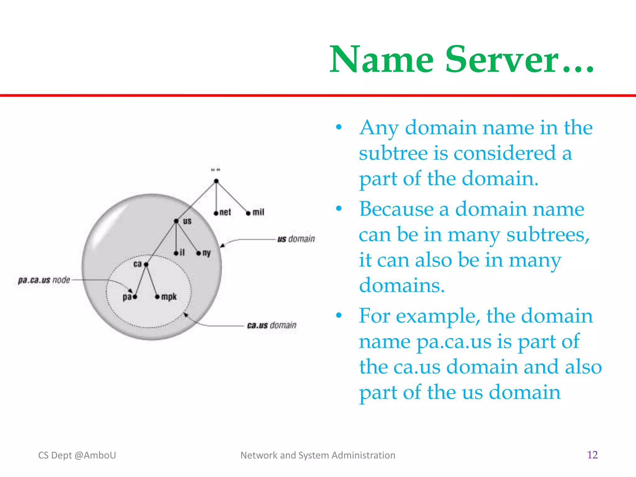 Name Server…
CS Dept @AmboU Network and System Administration 12
• Any domain name in the
subtree is considered a
part of the domain.
• Because a domain name
can be in many subtrees,
it can also be in many
domains.
• For example, the domain
name pa.ca.us is part of
the ca.us domain and also
part of the us domain
 