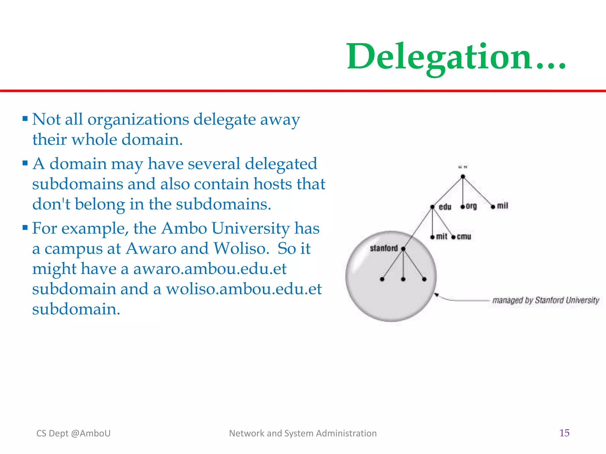 Delegation…
 Not all organizations delegate away
their whole domain.
 A domain may have several delegated
subdomains and also contain hosts that
don't belong in the subdomains.
 For example, the Ambo University has
a campus at Awaro and Woliso. So it
might have a awaro.ambou.edu.et
subdomain and a woliso.ambou.edu.et
subdomain.
CS Dept @AmboU Network and System Administration 15
 