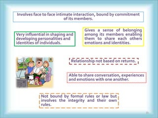 Involves face to face intimate interaction, bound by commitment
                          of its members.

                                    Gives a sense of belonging
Very influential in shaping and     among its members enabling
developing personalities and        them to share each others
identities of individuals.          emotions and identities.



                             Relationship not based on returns.


                            Able to share conversation, experiences
                            and emotions with one another.


             Not bound by formal rules or law but
             involves the integrity and their own
             rules.
                                                                      15
 