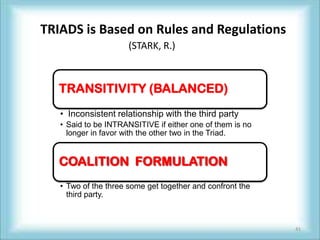 TRIADS is Based on Rules and Regulations
                      (STARK, R.)



   TRANSITIVITY (BALANCED)
   • Inconsistent relationship with the third party
   • Said to be INTRANSITIVE if either one of them is no
     longer in favor with the other two in the Triad.


   COALITION FORMULATION
   • Two of the three some get together and confront the
     third party.



                                                           41
 