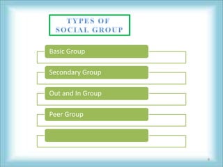 Basic Group

Secondary Group

Out and In Group

Peer Group




                   8
 