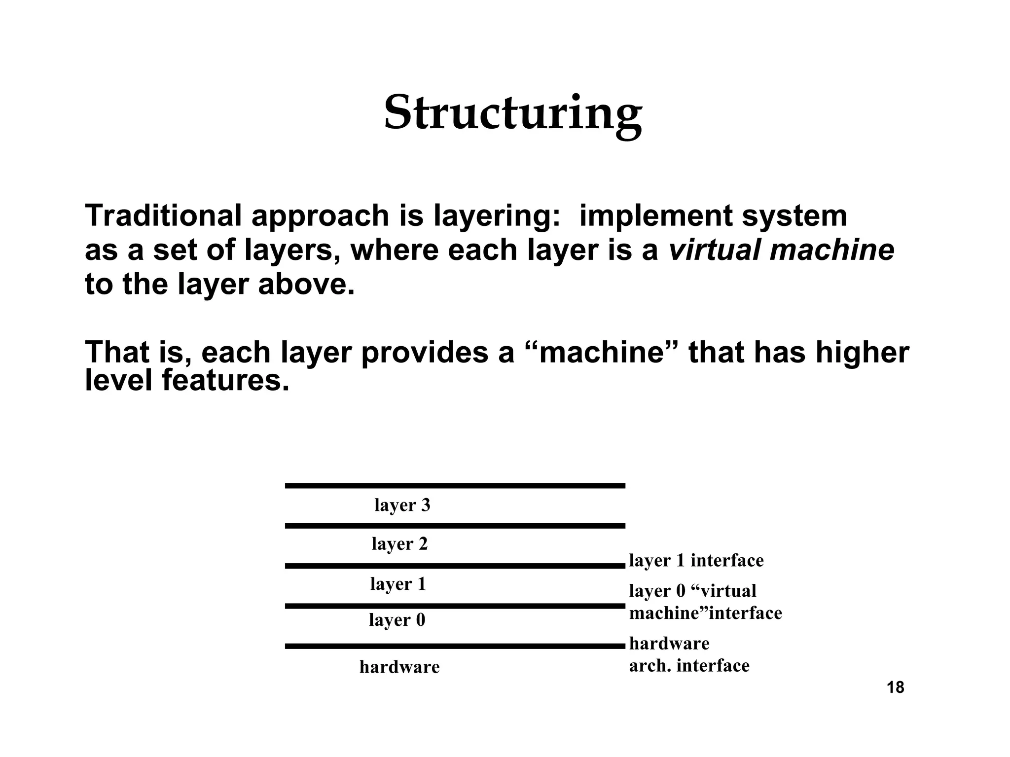 Structuring
Traditional approach is layering: implement system
as a set of layers, where each layer is a virtual machine
to the layer above.
That is, each layer provides a “machine” that has higher
level features.
18
hardware
layer 0
layer 1
layer 2
layer 3
hardware
arch. interface
layer 0 “virtual
machine”interface
layer 1 interface
 