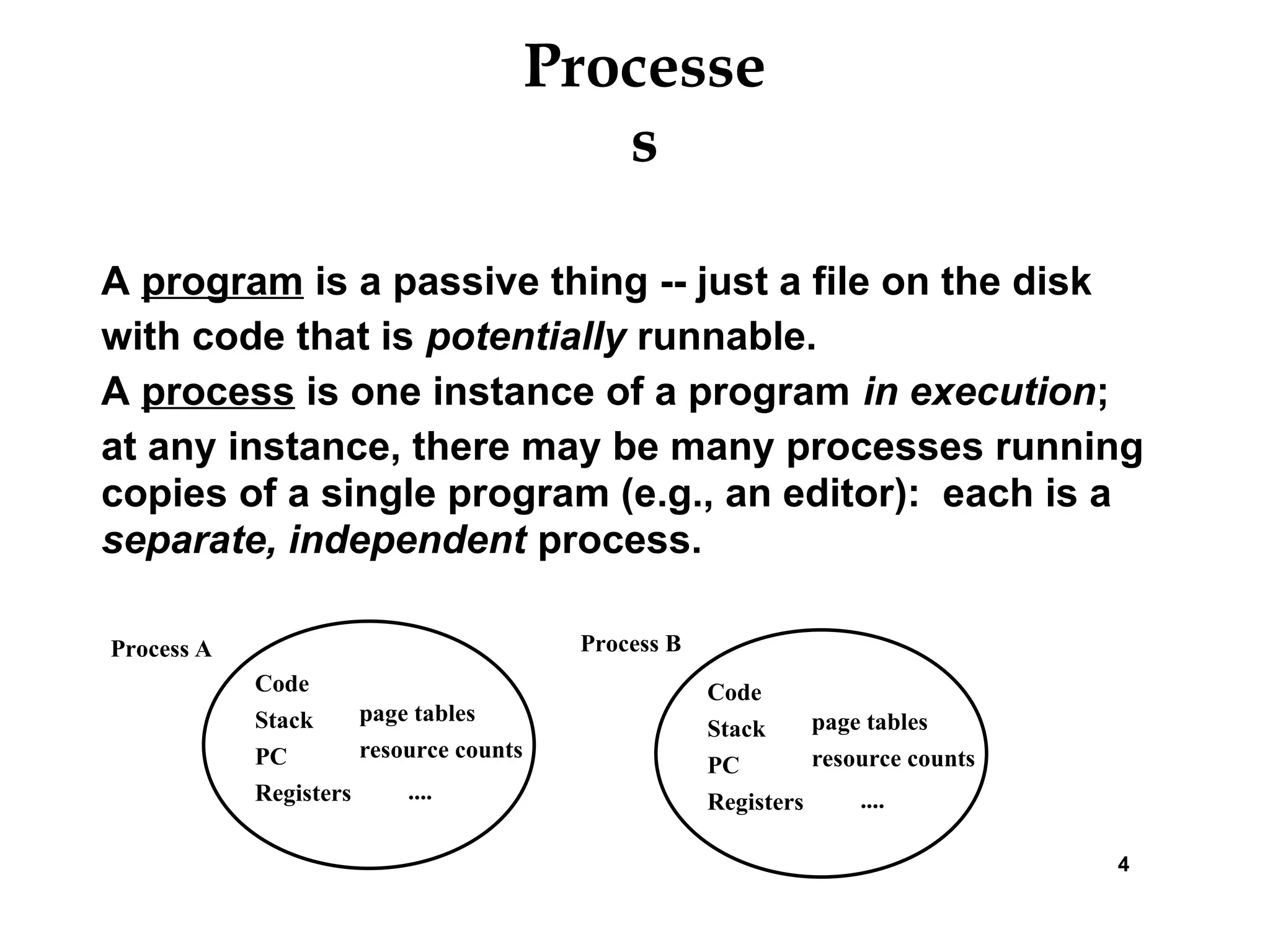 Processe
s
A program is a passive thing -- just a file on the disk
with code that is potentially runnable.
A process is one instance of a program in execution;
at any instance, there may be many processes running
copies of a single program (e.g., an editor): each is a
separate, independent process.
4
Code
Stack
PC
Registers
page tables
resource counts
....
Code
Stack
PC
Registers
page tables
resource counts
....
Process B
Process A
 