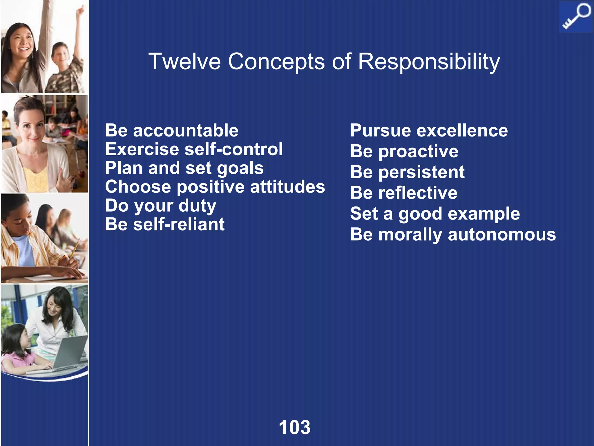 Twelve Concepts of Responsibility Be accountable Exercise self-control Plan and set goals Choose positive attitudes Do your duty Be self-reliant Pursue excellence Be proactive Be persistent Be reflective Set a good example Be morally autonomous 