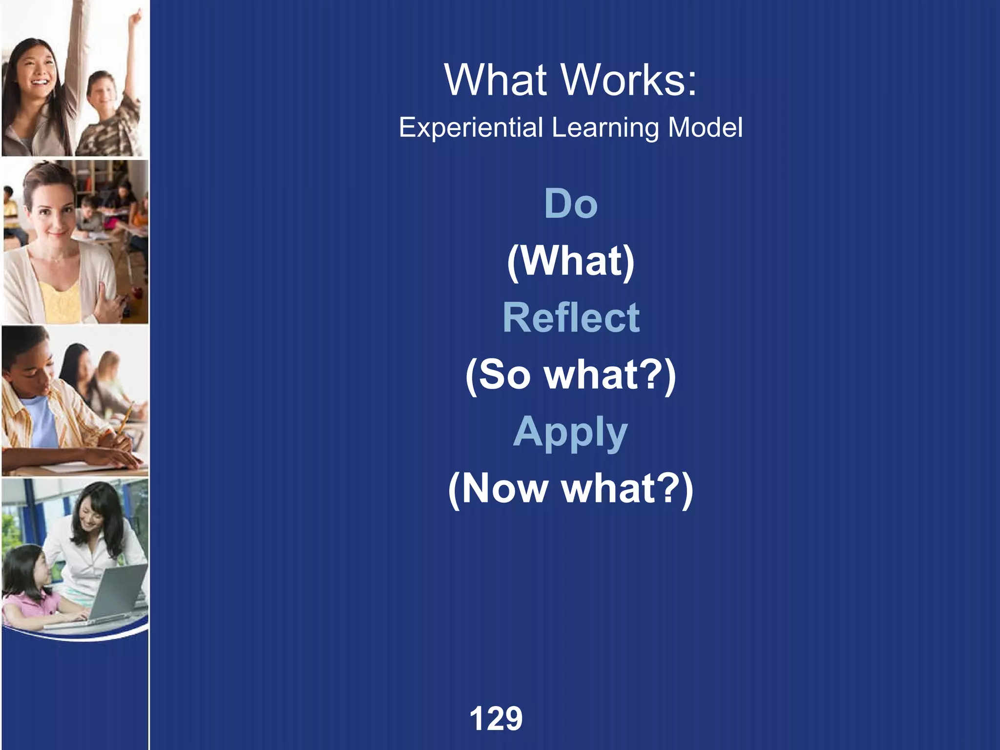 What Works: Experiential Learning Model Do (What) Reflect (So what?) Apply (Now what?) 