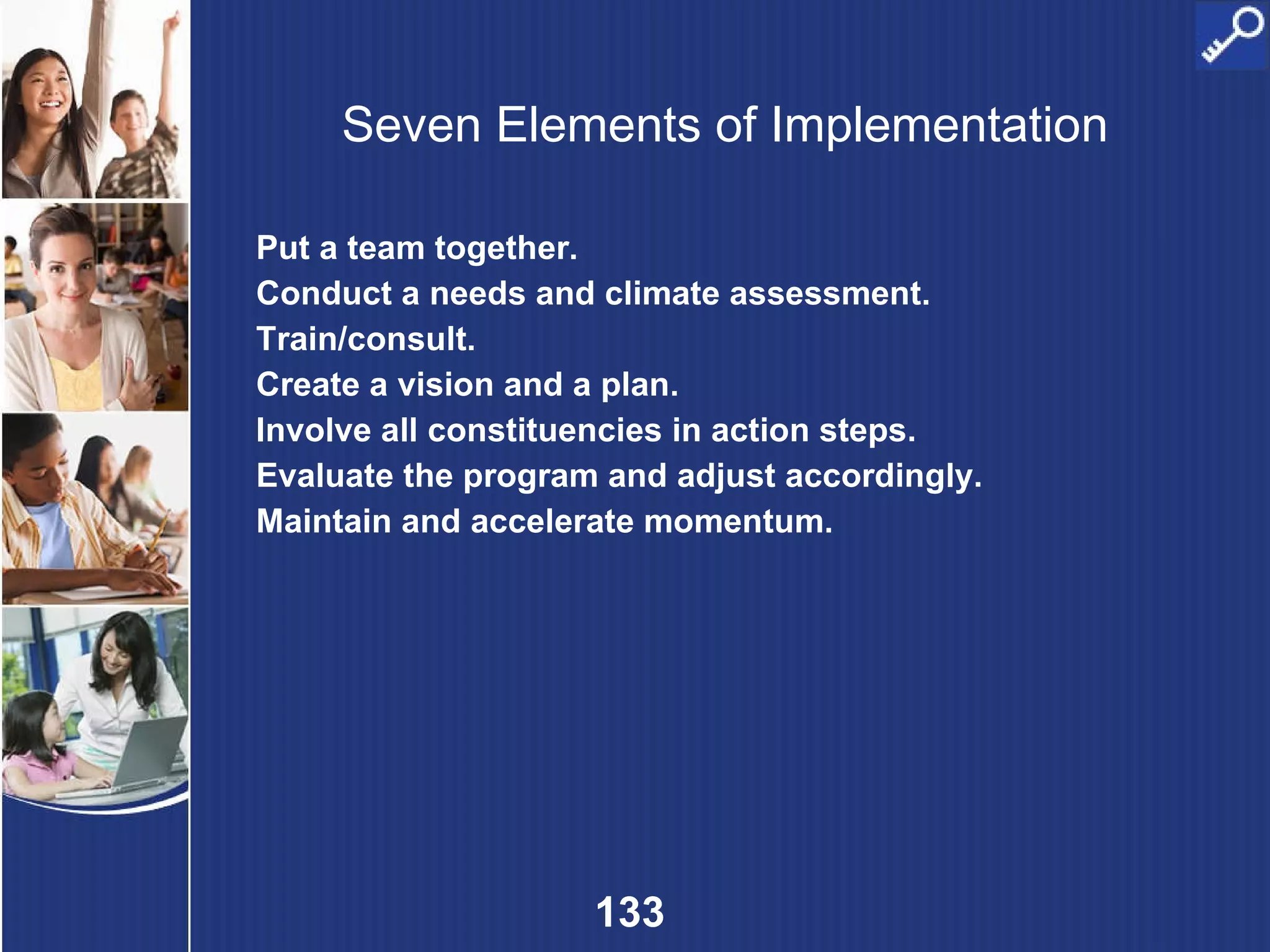 Seven Elements of Implementation Put a team together. Conduct a needs and climate assessment. Train/consult. Create a vision and a plan. Involve all constituencies in action steps. Evaluate the program and adjust accordingly. Maintain and accelerate momentum. 