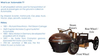 What is an ‘Automobile’??
A self propelled vehicle used for transportation of
goods & passengers on the ground is called an
Automobile.
Eg. Moped, Scooter, motorcycle, Car, jeep, truck,
tractor, ships, aircrafts, rocket etc.
History
• 1801 – Richard threvithrick – First Steam Carriage
• 1869 Captain Nicholas Cugnot build first
Automobile
• 1885 – Benz Motors in Germany developed first
propelled with IC Engine
• 1897 – Mr. Foster from Crompton greaves
borrowed first motor car in india
• 1901 Mr. Jamshed Ji TATA was the first
Indian to own a motor car.
Steam
Piston's Rear Wheel /
Axle
Front Wheel
Steam
Generator
 