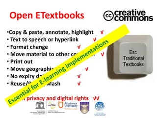 Open ETextbooks
•Copy & paste, annotate, highlight √
• Text to speech or hyperlink √
• Format change √
• Move material to other computer √
• Print out √
• Move geographically √
• No expiry date √
• Reuse/Remix/Mash √
•Retain privacy and digital rights √√
 