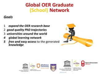 Global OER Graduate
(School) Network
Goals
1 expand the OER research base
2 good quality PhD trajectories
3 universities around the world
4 global learning network
5 free and easy access to the generated
knowledge
 