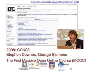 2008: CCK08
Stephen Downes, George Siemens
The First Massive Open Online Course (MOOC)
http://ltc.umanitoba.ca/wiki/Connectivism_2008
G. Siemens
77
 