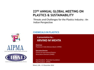 Threats and Challenges for the Plastics Industry : An
                                                 Indian Perspective


                                                 CHEMICALS IN PLASTICS

                                                       A presentation by…
                                                       ARVIND M MEHTA
                                                     Chairman
                                                     Plastivision India Advisory Board. AIPMA

                                                     Executive Director
                                                     Council of International Plastics
                                                     Association Directors (CIPAD)


                                                     Past President: Plastindia Foundation
                                                     Past President: AIPMA

                                                Miami, USA. 4-5 December 2012
Country Report: Plastics Industry in India- Issues and Challenges
 