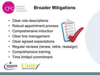 Broader Mitigations

•   Clear role descriptions
•   Robust appointment process
•   Comprehensive induction
•   Clear line management
•   Clear agreed expectations
•   Regular reviews (renew, retire, reassign)
•   Comprehensive training
•   Time limited commitment
 