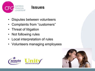 Issues

•   Disputes between volunteers
•   Complaints from “customers”
•   Threat of litigation
•   Not following rules
•   Local interpretation of rules
•   Volunteers managing employees
 