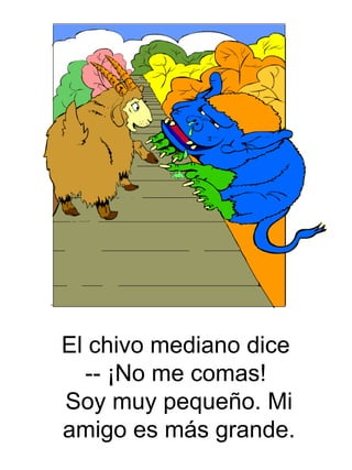 El chivo median o dice  -- ¡No me comas!  Soy muy pequeño. Mi amigo es más grande. 