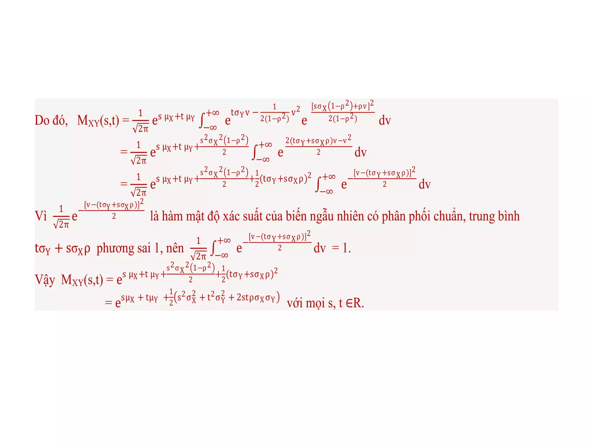 Do đó, MXY(s,t) =
1
2π
es μX+t μY e
tσYv −
1
2(1−ρ2)
v2
e
[sσX 1−ρ2 +ρv]2
2(1−ρ2)
+∞
−∞
dv
=
1
2π
es μX+t μY+
s2σX
2 1−ρ2
2 e
2(tσY+sσXρ)v−v2
2
+∞
−∞
dv
=
1
2π
es μX+t μY+
s2σX
2 1−ρ2
2
+
1
2
(tσY+sσXρ)2
e−
[v−(tσY+sσXρ)]2
2
+∞
−∞
dv
Vì
1
2π
e−
[v−(tσY+sσXρ)]2
2 là hàm mật độ xác suất của biến ngẫu nhiên có phân phối chuẩn, trung bình
tσY + sσXρ phương sai 1, nên
1
2π
e−
[v−(tσY+sσXρ)]2
2
+∞
−∞
dv = 1.
Vậy MXY(s,t) = es μX+t μY+
s2σX
2 1−ρ2
2
+
1
2
(tσY+sσXρ)2
= esμX + tμY +
1
2
s2σX
2
+ t2σY
2
+ 2stρσXσY
với mọi s, t ∈R.
 