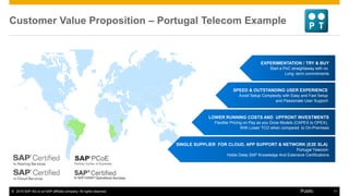 © 2015 SAP AG or an SAP affiliate company. All rights reserved. 11Public
Customer Value Proposition – Portugal Telecom Example
EXPERIMENTATION / TRY & BUY
Start a PoC straightaway with no
Long -term commitments
SPEED & OUTSTANDING USER EXPERIENCE
Avoid Setup Complexity with Easy and Fast Setup
and Passionate User Support
LOWER RUNNING COSTS AND UPFRONT INVESTMENTS
Flexible Pricing on Pay as you Grow Models (CAPEX to OPEX),
With Lower TCO when compared to On-Premises
SINGLE SUPPLIER FOR CLOUD, APP SUPPORT & NETWORK (E2E SLA)
Portugal Telecom
Holds Deep SAP Knowledge And Extensive Certifications
 