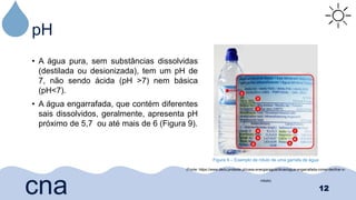 pH
• A água pura, sem substâncias dissolvidas
(destilada ou desionizada), tem um pH de
7, não sendo ácida (pH >7) nem básica
(pH<7).
• A água engarrafada, que contém diferentes
sais dissolvidos, geralmente, apresenta pH
próximo de 5,7 ou até mais de 6 (Figura 9).
12
cna
Figura 9 – Exemplo de rótulo de uma garrafa de água
(Fonte: https://www.deco.proteste.pt/casa-energia/agua/dicas/agua-engarrafada-como-decifrar-o-
rotulo)
 