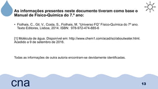 As informações presentes neste documento tiveram como base o
Manual de Físico-Química do 7.º ano:
• Fiolhais, C., Gil, V., Costa, S., Fiolhais, M. “Universo FQ” Físico-Química do 7º ano.
Texto Editores, Lisboa, 2014. ISBN: 978-972-474-885-6
[1] Molécula de água. Disponível em: http://www.chem1.com/acad/sci/aboutwater.html.
Acedido a 9 de setembro de 2016.
Todas as informações de outra autoria encontram-se devidamente identificadas.
13
cna
 