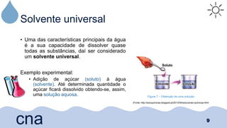 Solvente universal
• Uma das características principais da água
é a sua capacidade de dissolver quase
todas as substâncias, daí ser considerado
um solvente universal.
Exemplo experimental:
• Adição de açúcar (soluto) à água
(solvente). Até determinada quantidade o
açúcar ficará dissolvido obtendo-se, assim,
uma solução aquosa.
9
cna
Figura 7 – Obtenção de uma solução
(Fonte: http://soluquimicas.blogspot.pt/2013/04/soluciones-quimicas.html
 