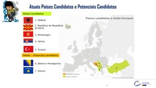 Atuais Países Candidatos e Potenciais Candidatos
4
3
2 5
1
Países Candidatos
2. República da Macedónia
do Norte
4. Sérvia
5. Turquia
Países - Potenciais candidatos
6. Bósnia e Herzegovina
7. Kosovo
1. Albânia
3. Montenegro
6
7
 