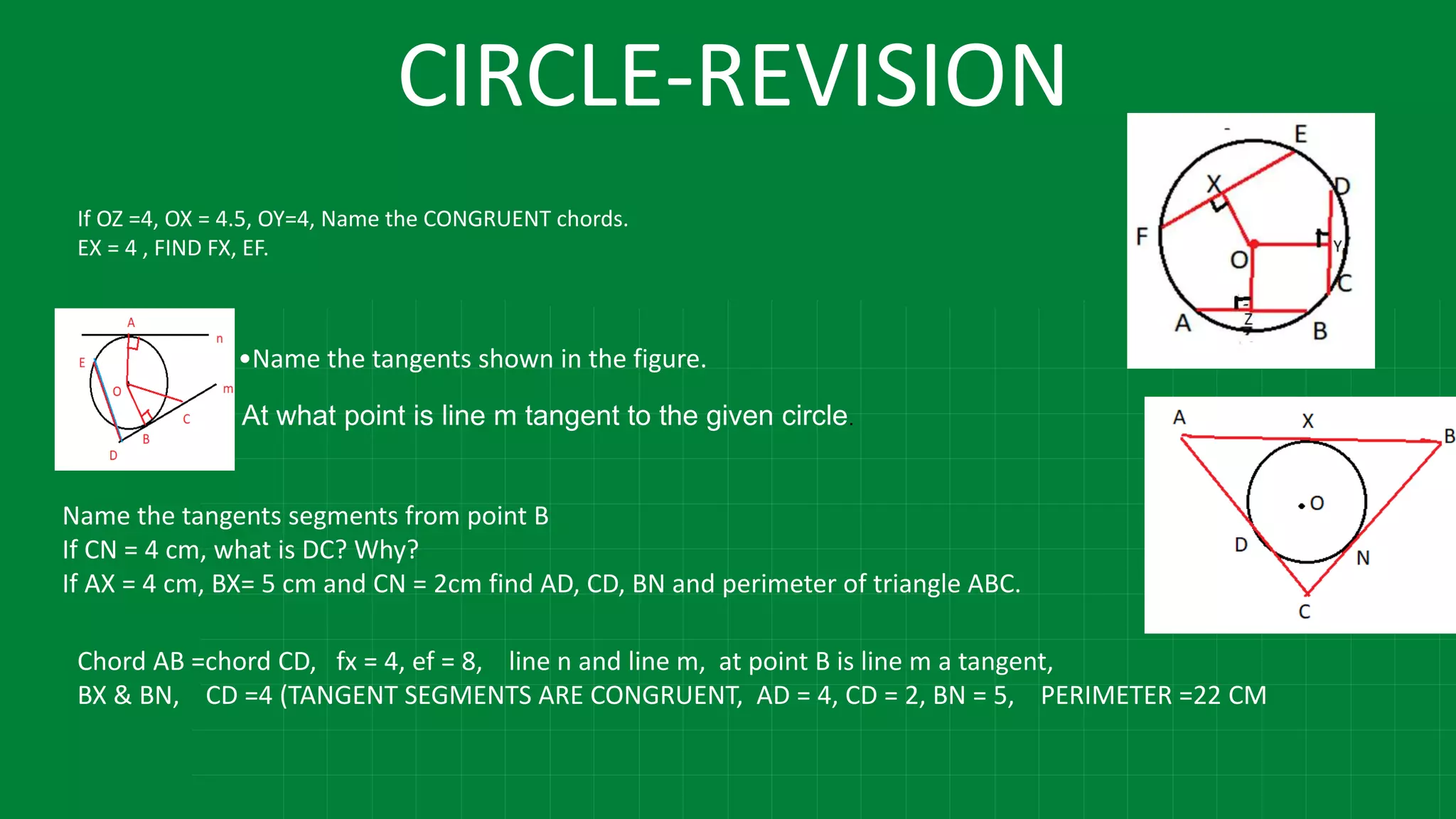 CIRCLE-REVISION
If OZ =4, OX = 4.5, OY=4, Name the CONGRUENT chords.
EX = 4 , FIND FX, EF.
•Name the tangents shown in the figure.
At what point is line m tangent to the given circle.
Name the tangents segments from point B
If CN = 4 cm, what is DC? Why?
If AX = 4 cm, BX= 5 cm and CN = 2cm find AD, CD, BN and perimeter of triangle ABC.
Chord AB =chord CD, fx = 4, ef = 8, line n and line m, at point B is line m a tangent,
BX & BN, CD =4 (TANGENT SEGMENTS ARE CONGRUENT, AD = 4, CD = 2, BN = 5, PERIMETER =22 CM
 