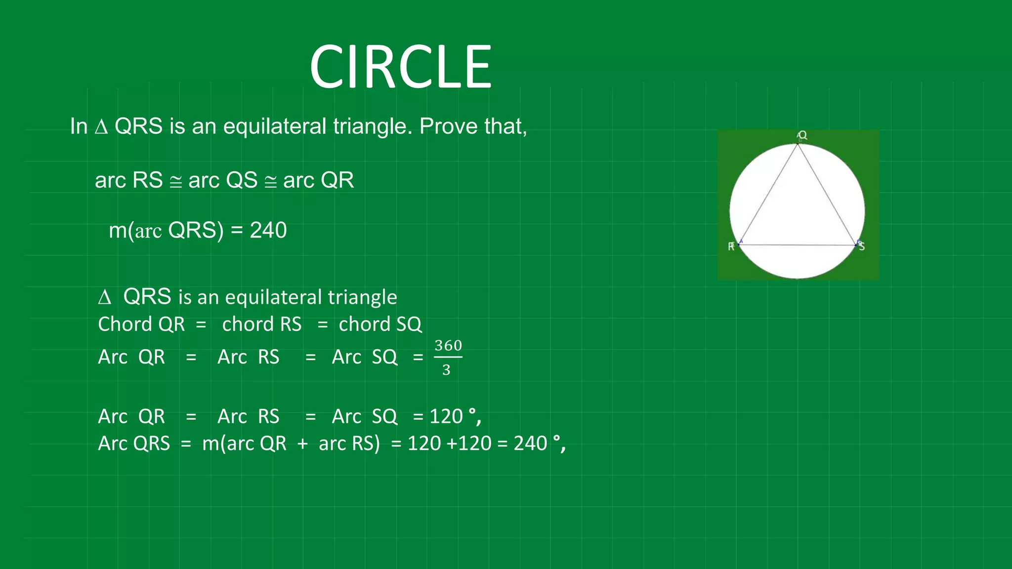 CIRCLE
In D QRS is an equilateral triangle. Prove that,
arc RS @ arc QS @ arc QR
m(arc QRS) = 240
D QRS is an equilateral triangle
Chord QR = chord RS = chord SQ
Arc QR = Arc RS = Arc SQ =
360
3
Arc QR = Arc RS = Arc SQ = 120 °,
Arc QRS = m(arc QR + arc RS) = 120 +120 = 240 °,
 