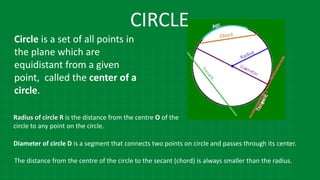 Circle is a set of all points in
the plane which are
equidistant from a given
point, called the center of a
circle.
Radius of circle R is the distance from the centre О of the
circle to any point on the circle.
Diameter of circle D is a segment that connects two points on circle and passes through its center.
The distance from the centre of the circle to the secant (chord) is always smaller than the radius.
CIRCLE
 