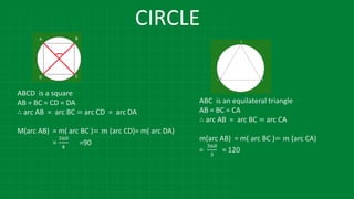 CIRCLE
ABCD is a square
AB = BC = CD = DA
∴ arc AB = arc BC = arc CD = arc DA
M(arc AB) = m( arc BC )= 𝑚 (arc CD)= m( arc DA)
=
360
4
=90
ABC is an equilateral triangle
AB = BC = CA
∴ arc AB = arc BC = arc CA
m(arc AB) = m( arc BC )= 𝑚 (arc CA)
=
360
3
= 120
 